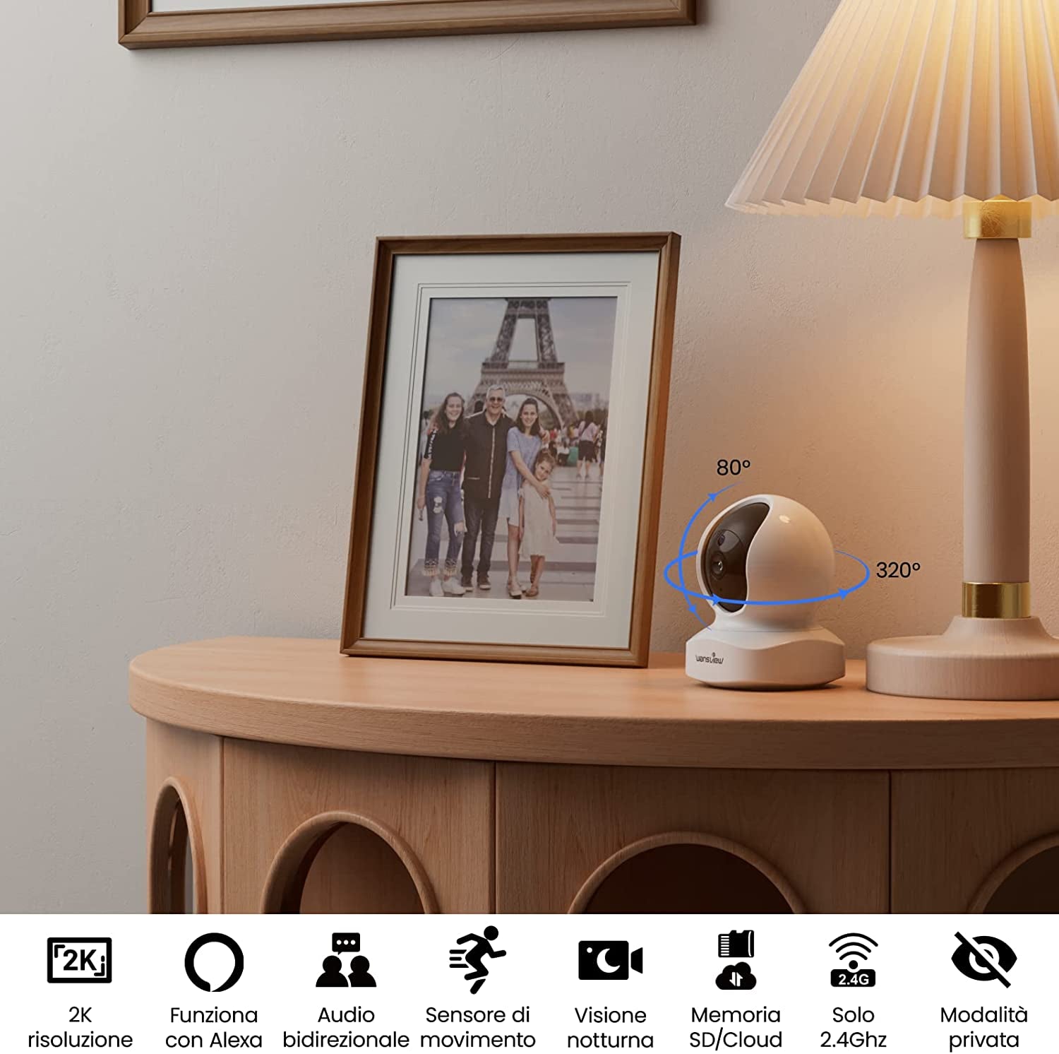 2K Telecamera Wifi Interno, Videocamera Sorveglianza Interno Wifi Con Audio Bidirezionale E Funziona Con Alexa, Telecamera Sorveglianza Wifi Con Notifiche in Tempo Reale (Bianco)