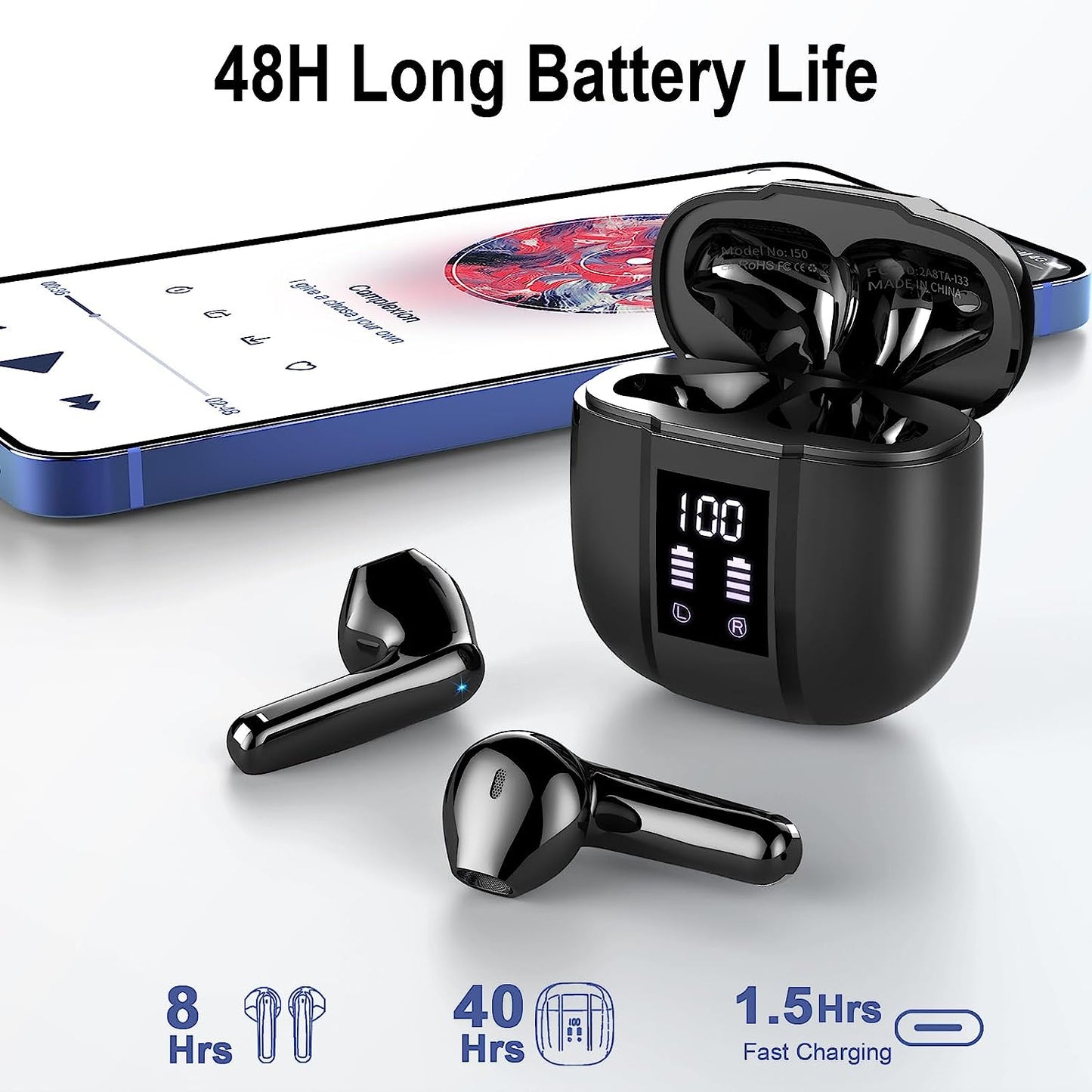 Cuffie Bluetooth, Auricolari Bluetooth 5.3 Wireless Stereo Hifi Con 4 HD Mic, 48Ore Mini Cuffie Senza Fili IP7 Impermeabili, 3G Ultra Leggero in Ear Cuffiette Bluetooth Cancellazione Rumore/Led/Usb-C
