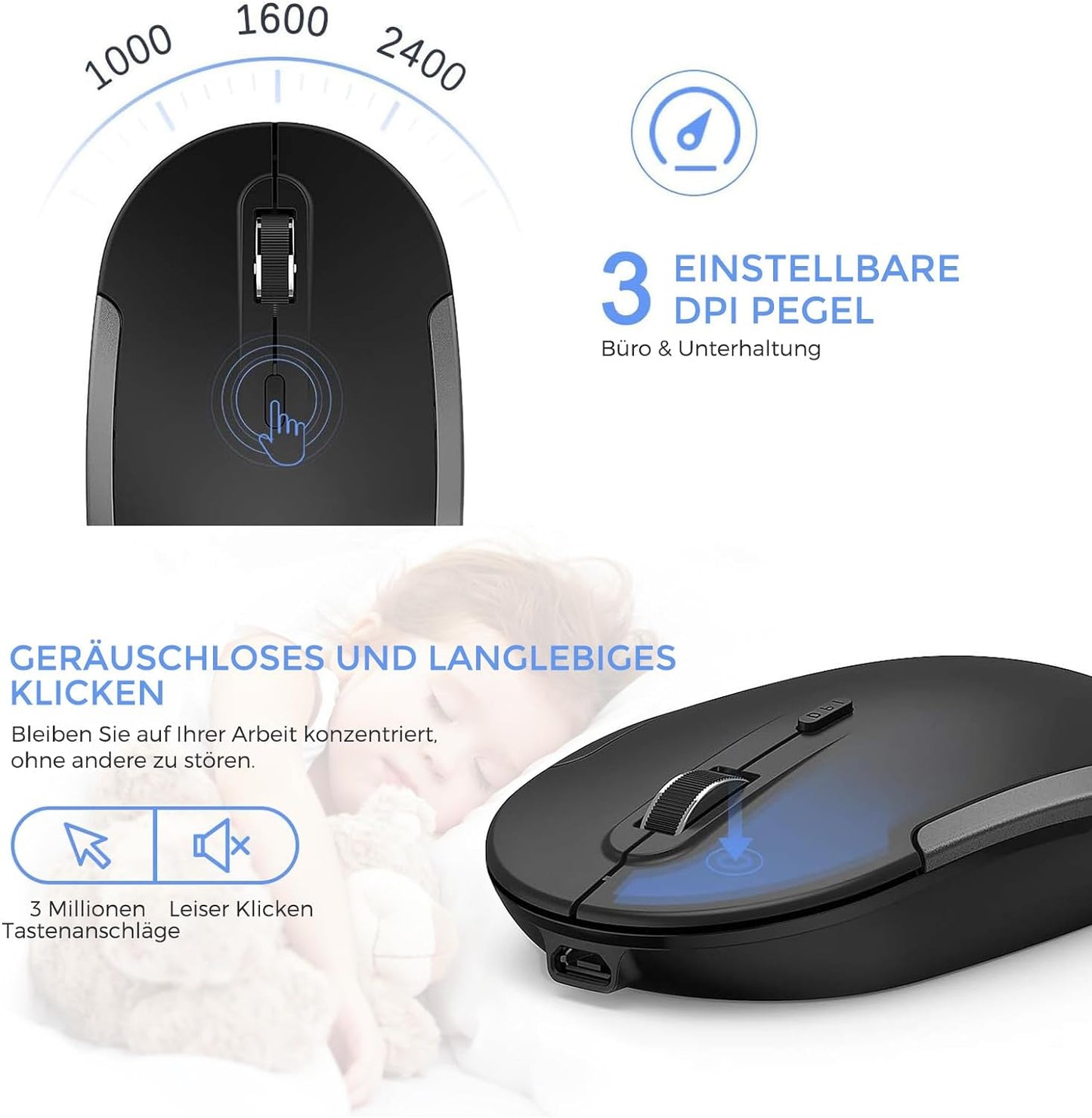 Tastiera E Mouse Senza Fili, 2,4 G, Ultra Sottile, Ricaricabile, Con Mouse Silenzioso, per Computer/Laptop, Dimensioni Complete E Layout QWERTZ (Nero E Grigio)