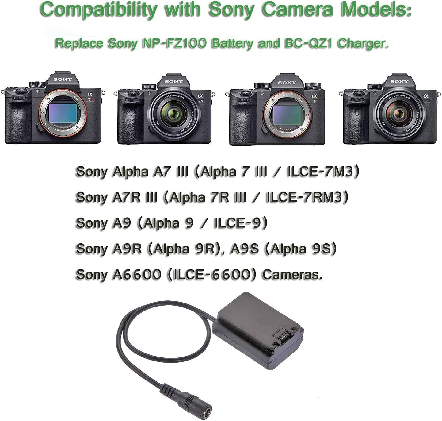 NP-FZ100 AC Alimentatore Di Rete Adattatore P-FZ100 Dummy Batteria DC Accoppiatore Kit per Sony Alpha A7III A7IV A7SIII A6600 A7C A1 FX3 A7R3 A7R IV, A9 A9R A9S, Sostituisce Batteria BC-QZ1