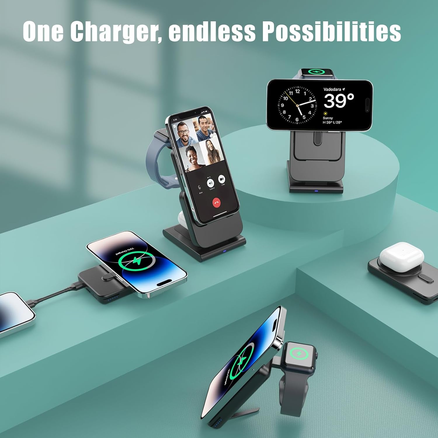 Caricatore Wireless Magnetico, Mag-Safe Battery Pack 5000Mah Staccabile, Pieghevole Caricatore Mag Safe per Iphone 15 14 Pro Max 13, Ricarica Wireless per Iwatch 9 8, Caricatore Iphone per Airpods Pro