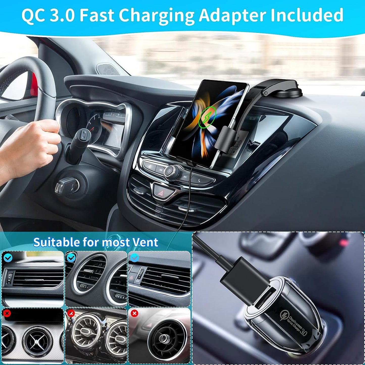 Caricatore Wireless per Z Fold 5/4 15W Dual Coils Car Wireless Charger Auto Compatibile Con Samsung Galaxy Z Fold 5 4 3 2 Porta Cellulare Autoricarica Supporto Telefono Auto Ventosa/Air Vent