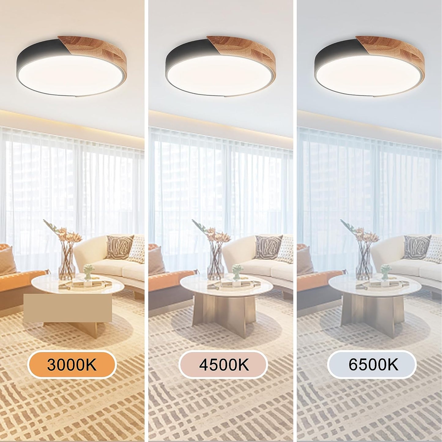 Lampada Da Soffitto, 24W Dimmerabile Led Plafoniera Legno, Regolabile 3000K/4500K/6500K Tramite Interruttore a Muro, 12 Pollici Plafoniera Moderna per Camera Da Letto Corridoio Balcone, Nero