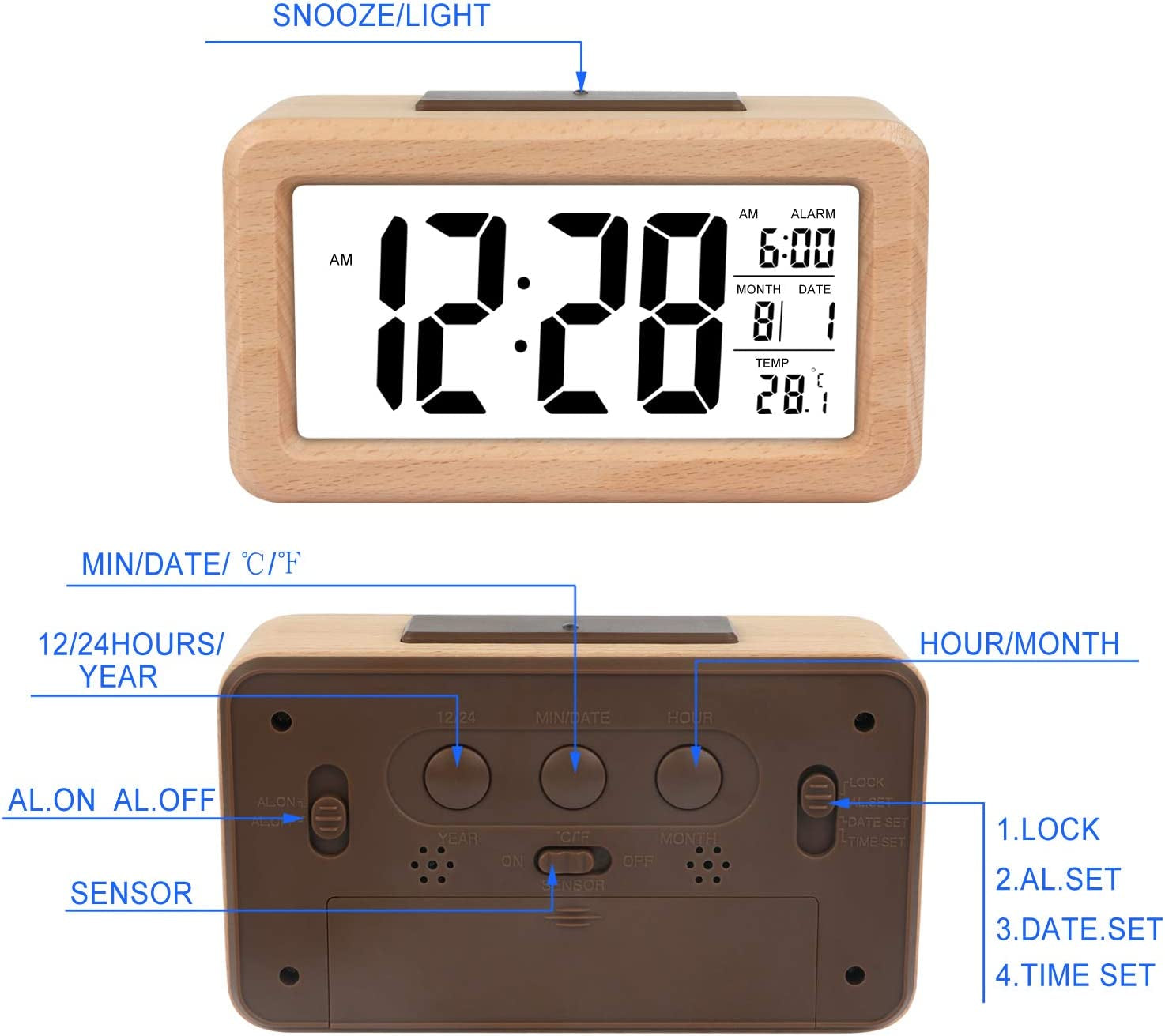 Sveglia Digitale in Legno Facile Da Impostare Con Temperatura, Data, Retroilluminazione, Snooze, per Camera Da Letto, Comodino, Casa, Ufficio, Senza Tick (Marrone Chiaro)