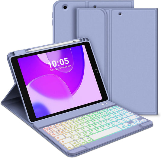 Custodia per Tastiera per Ipad 9.Gen 2021/8.Gen 2020/7.Gen 2019, Layout QWERTZ Magnetico Tastiera Retroilluminata, Custodia Con Portapenne per Ipad Da 10.2 Pollici, Viola