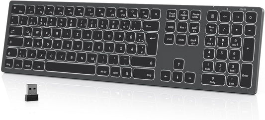 Tastiera Wireless Illuminata Con Retroilluminazione a LED Bianca, Layout QWERTZ, Ultra Sottile E Ricaricabile, per Windows, Pc/Laptop/Tablet, Colore: Grigio