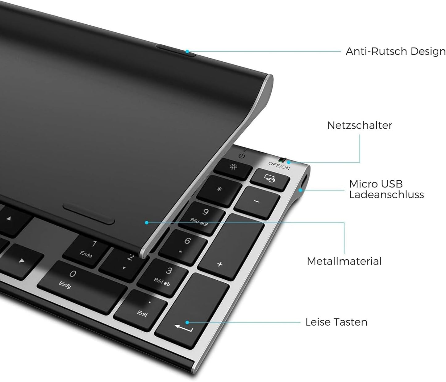 Tastiera E Mouse Senza Fili, 2,4 G, Ultra Sottile, Ricaricabile, Con Mouse Silenzioso, per Computer/Laptop, Dimensioni Complete E Layout QWERTZ (Nero E Grigio)