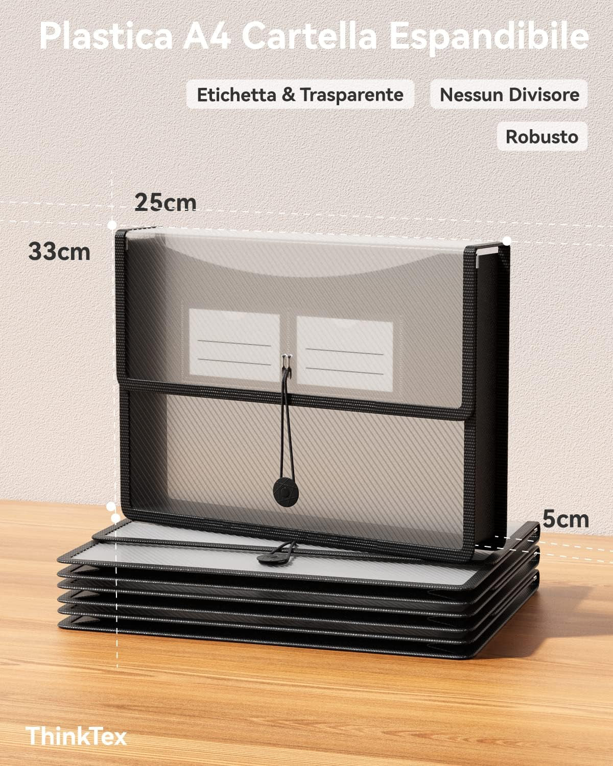 A4 Cartella Di Plastica, Organizer Senza Divisori Con Espansione Di 6 Cm, Etichette E Trasparenze, Chiusura Con Bottone a Pressione, 3 Pz.