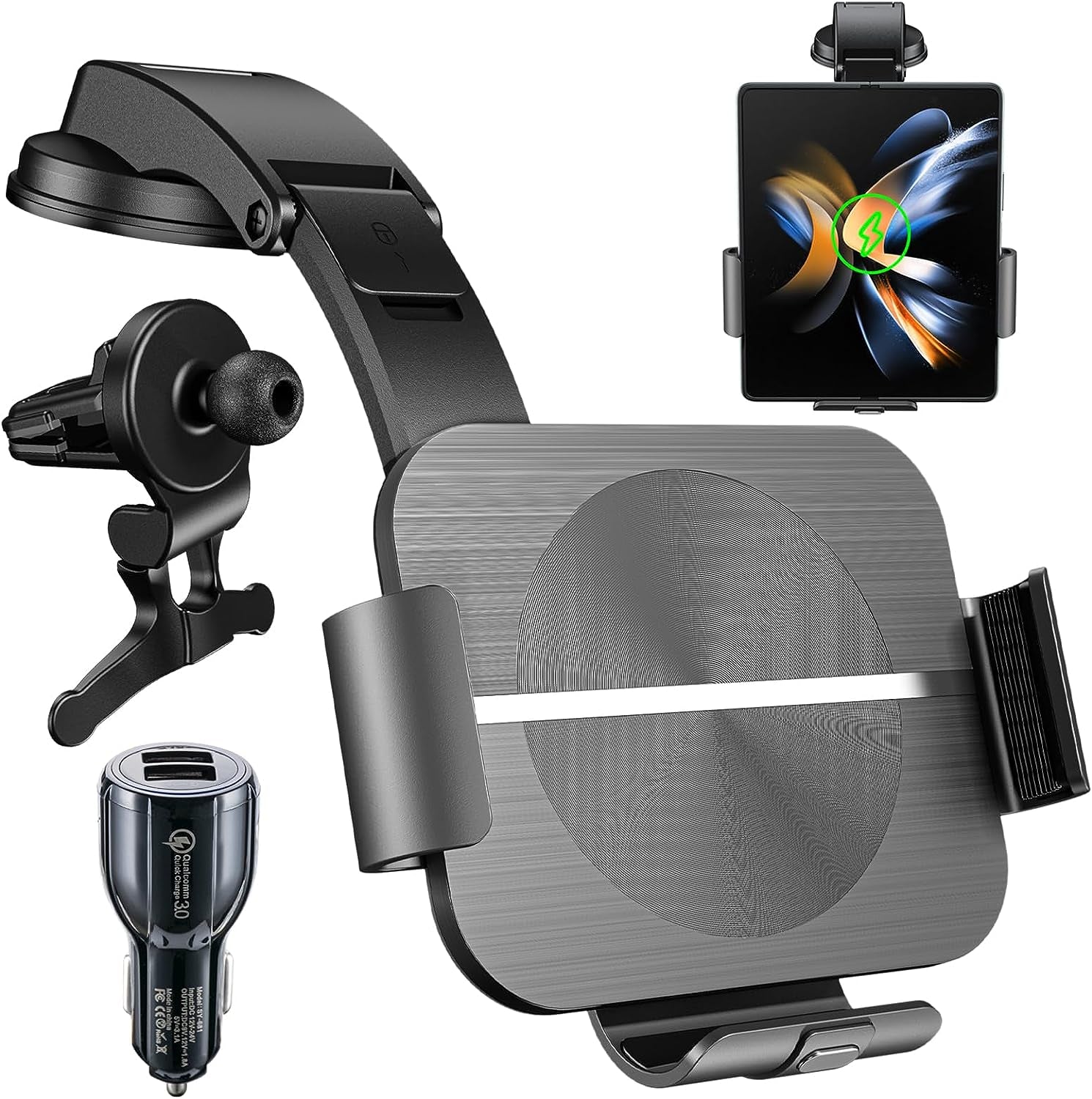 Caricatore Wireless per Z Fold 5/4 15W Dual Coils Car Wireless Charger Auto Compatibile Con Samsung Galaxy Z Fold 5 4 3 2 Porta Cellulare Autoricarica Supporto Telefono Auto Ventosa/Air Vent