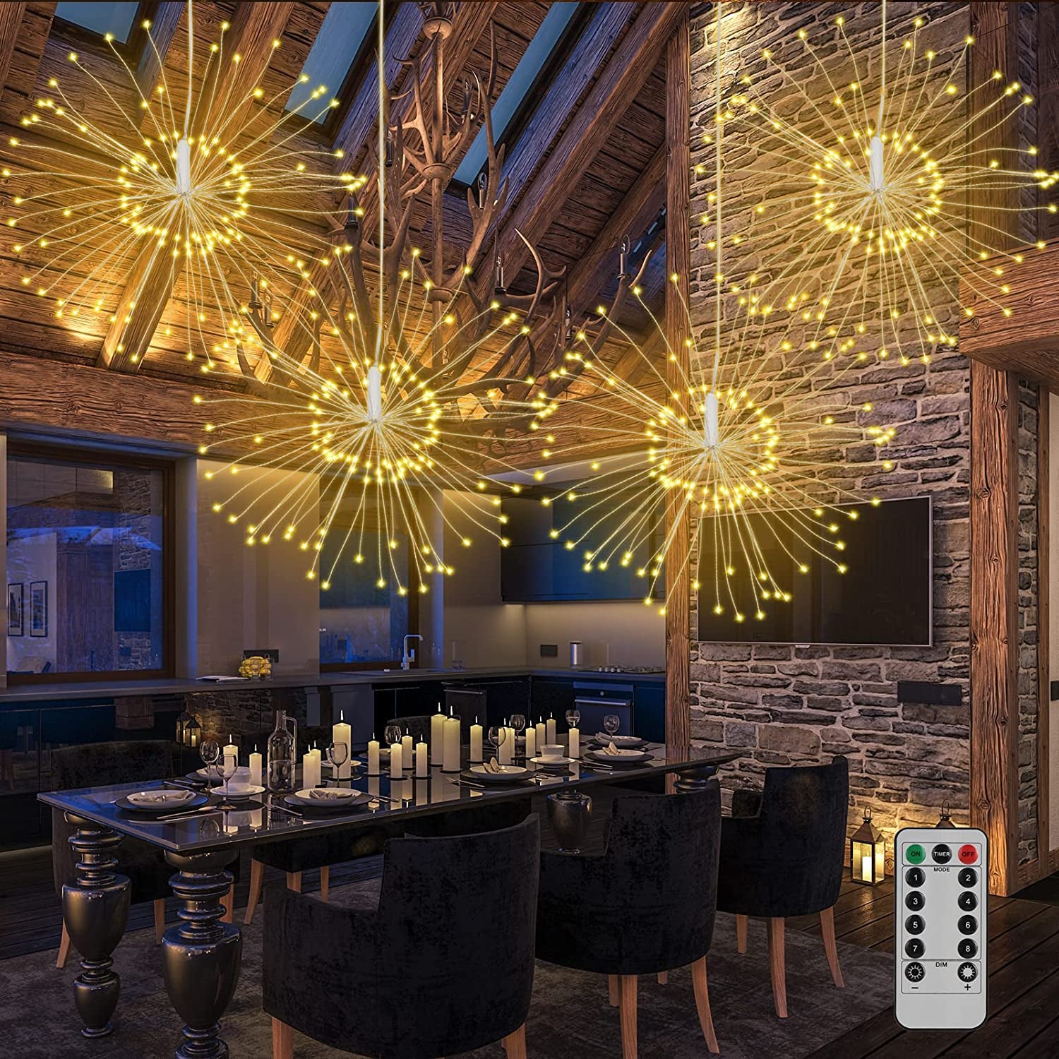 Luci Di Natale, Set Di 4 Luci Catene Luminose Fuochi D'Artificio Luci 120 Leds Luci a Batteria Luce Della Decorazione Di Natale Bianco Caldo