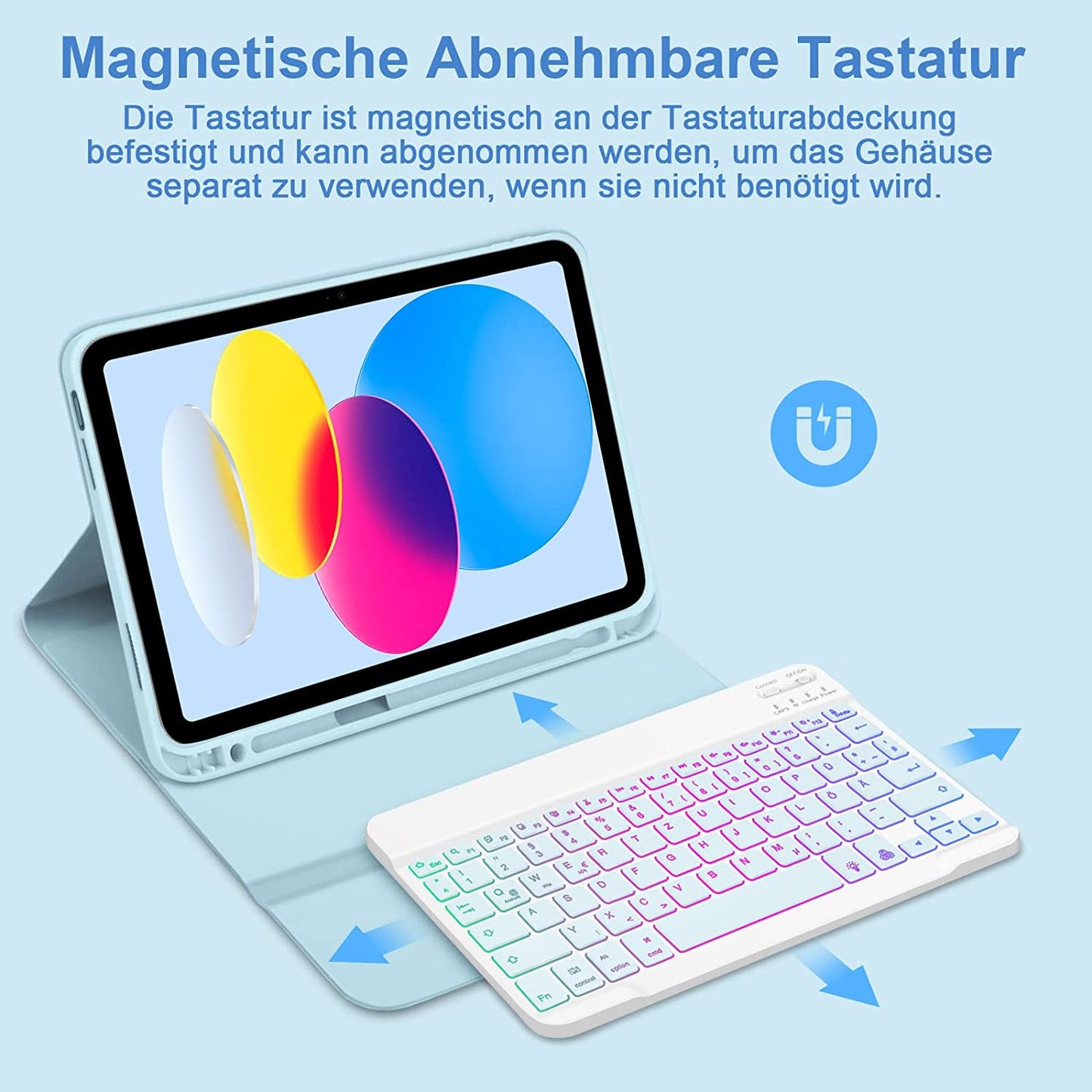 Tastiera Retroilluminata Compatibile Con Ipad 10° Generazione 2022, Layout QWERTZ Magnetico, Tastiera Retroilluminata Rimovibile Con Custodia per Ipad 10° Gen 10,9 Pollici 2022, Blu