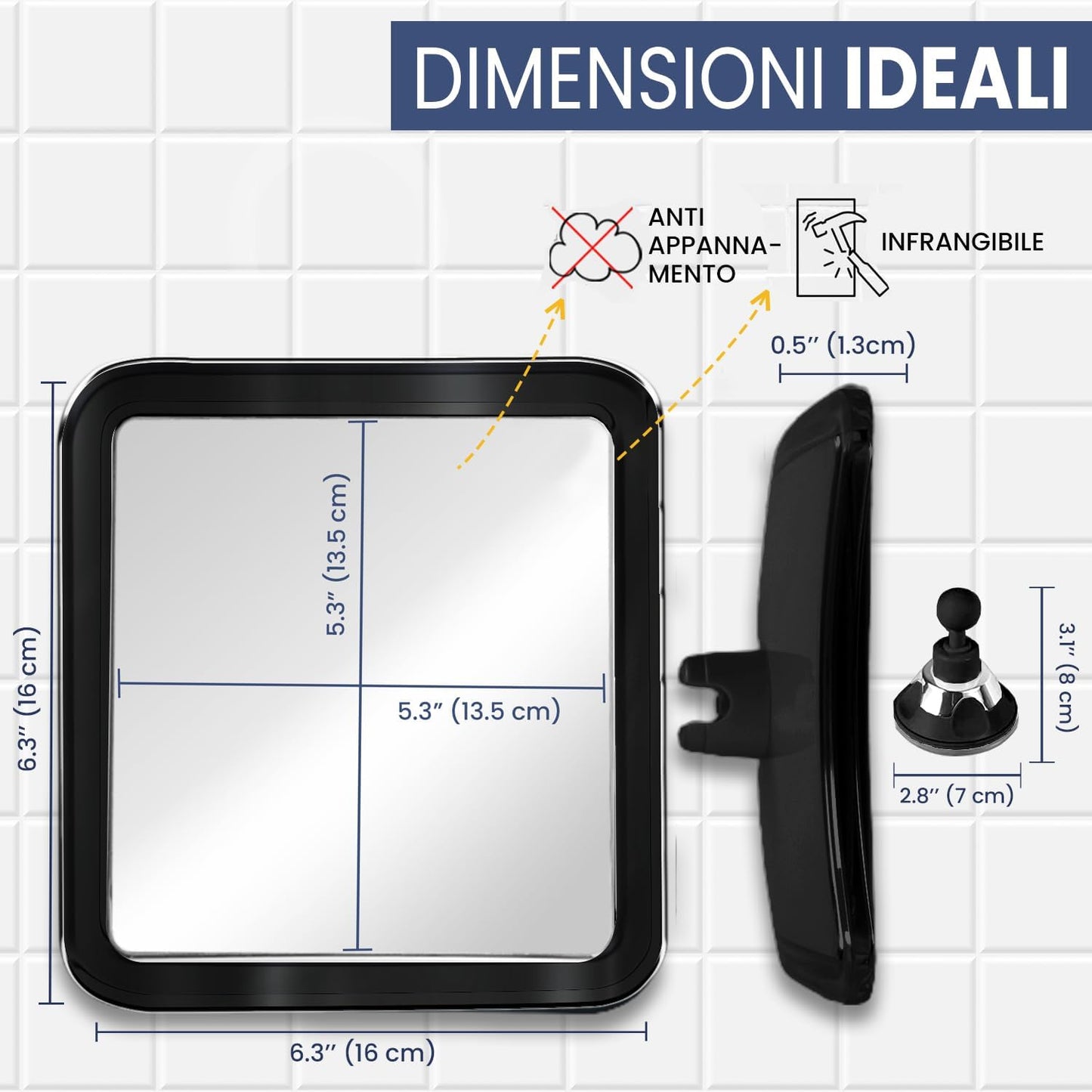 Specchio Da Doccia E Rasatura Senza Nebbia Con Supporto a Ventosa per Bagno - Superficie Infrangibile anti Appannamento E Girevole a 360°, 16Cm X 16Cm (Nero)