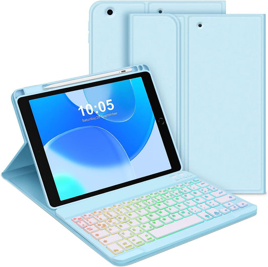 Custodia per Tastiera per Ipad 9.Gen 2021/8.Gen 2020/7.Gen 2019, Layout QWERTZ, Tastiera Retroilluminata Magnetica, Custodia Con Portapenne per Ipad Da 10.2 Pollici, Blu
