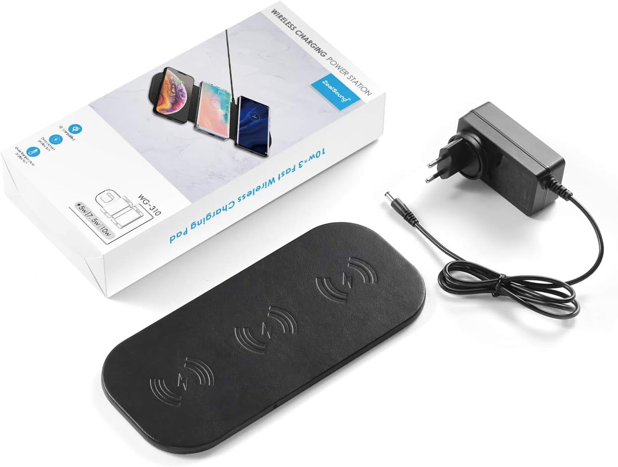 Caricatore Wireless, 3*10W Ricarica Rapida Caricabatterie a Induzione per I*Phone 12 Mini/12 PRO Max /11 PRO/XS/XS Max/Xr/X /8/8 Plus, Galaxy S10 /S9 /S9 + /S8, A*Irpods Pro (Pelle PU Nero)