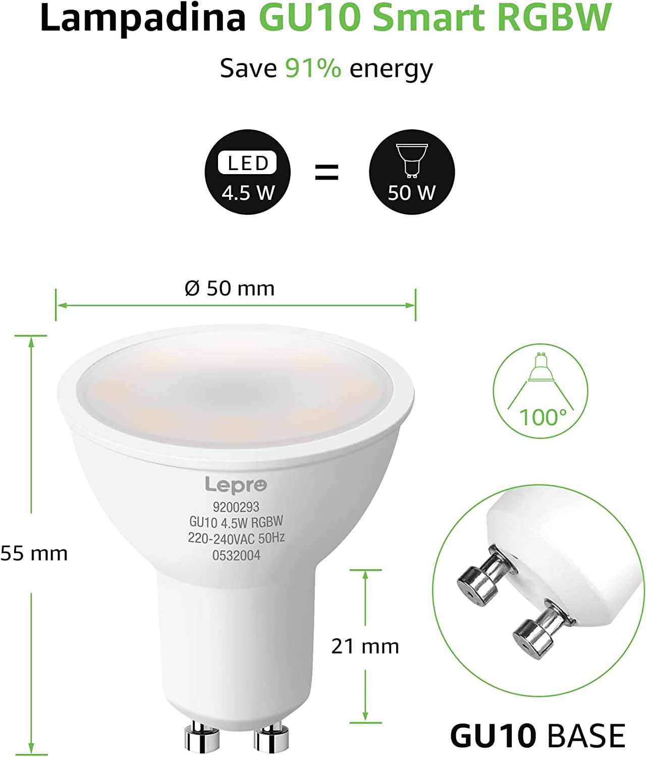 Lampadina LED GU10 Wifi Intelligente RGBW, Faretti LED Smart Compatibile Con Alexa E Google Home, 4.5W (=50W), Luce Dimmerabile RGB + Bianco Caldo, Nessun Hub Richiesto, 4 Pezzi