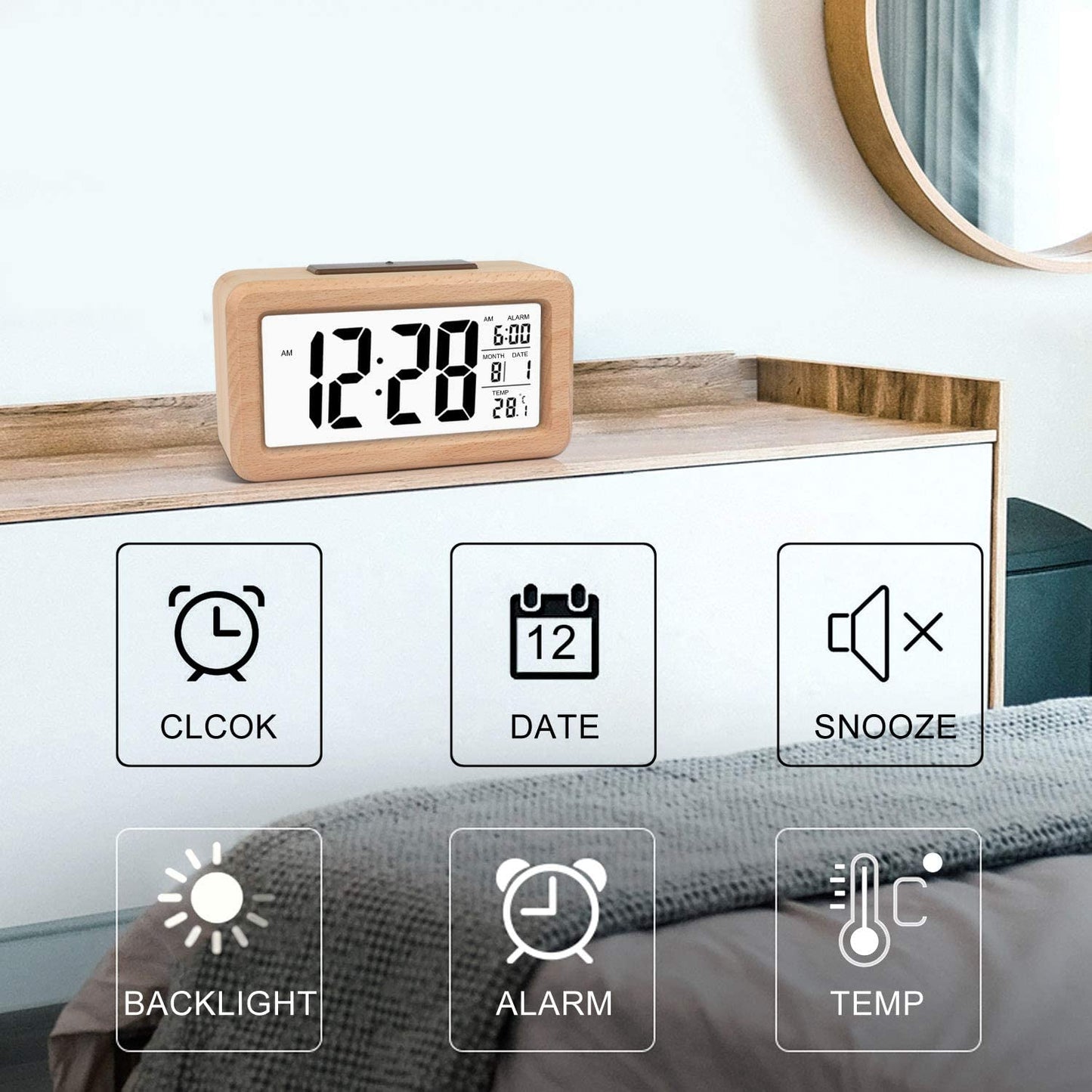 Sveglia Digitale in Legno Facile Da Impostare Con Temperatura, Data, Retroilluminazione, Snooze, per Camera Da Letto, Comodino, Casa, Ufficio, Senza Tick (Marrone Chiaro)