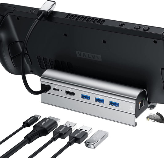 Docking Station per Steam Deck,  6 in 1 Steam Deck Dock Con HDMI 4K, Ethernet 1000Mbps, 3 Porte USB-A 3.0 E Hub USB C Con Potente Ricarica Pass-Through Da 100 W Progettata per Valve Steam Deck