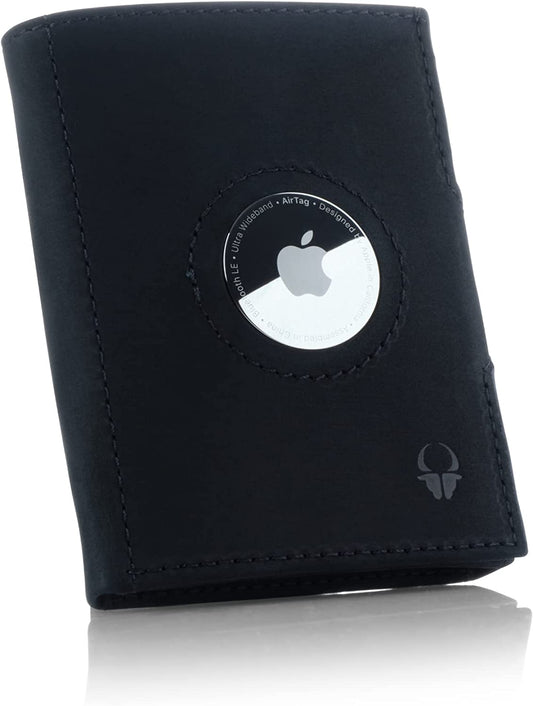 Portafoglio Airtag Da Uomo Con Tasca per Apple Airtag | Portafoglio Smart Uomo Con Portamonete | Portacarte Di Credito Da Uomo in Vera Pelle | Portafoglio Slim| Colore Nero Vintage